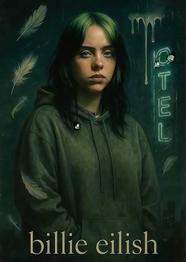 Billie Eilish Portrait with Hotel Sign
