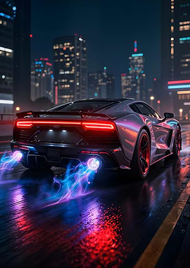 Sleek Car with Flames in Cityscape