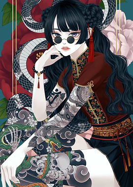 Tattooed Woman with Snake and Flowers