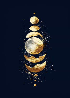 Golden Moon Phases on Dark Blue