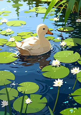 Duck on Lily Pond