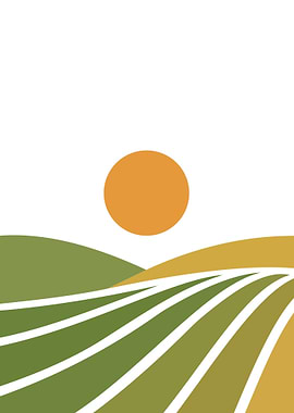 Minimalist Farm Landscape with Sun