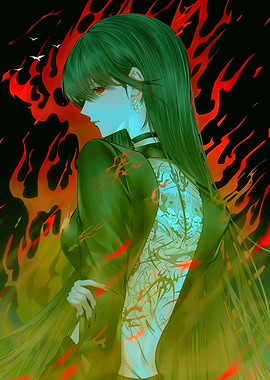 Elegant Woman with Tattoo and Flames