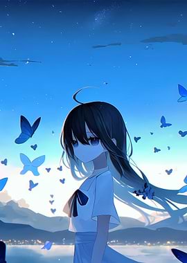 Anime Girl with Butterflies in Blue