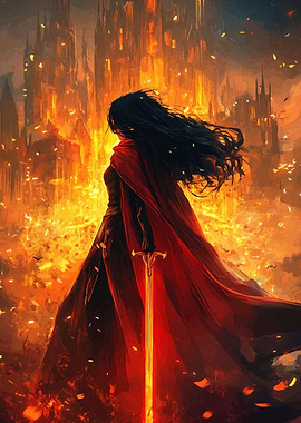 Warrior with Sword in Burning City