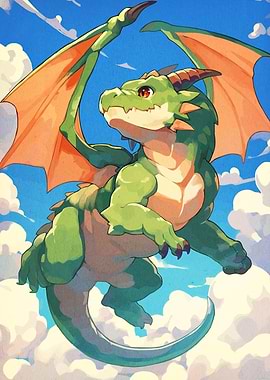 Cartoon Green Dragon Flying in Sky