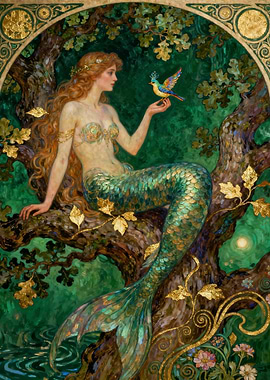 Mermaid with Bird in Enchanted Forest