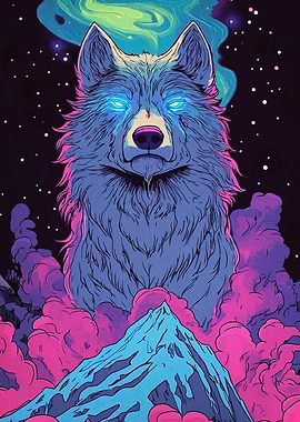 Cosmic Wolf Above Mountain Peak