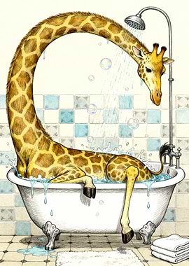 Giraffe Have Difficulty Taking a Bath Illustration