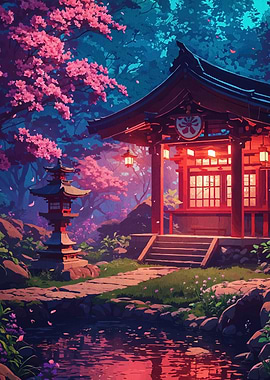Japanese Temple with Cherry Blossoms