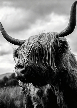 Highland Cow Portrait in Black and White