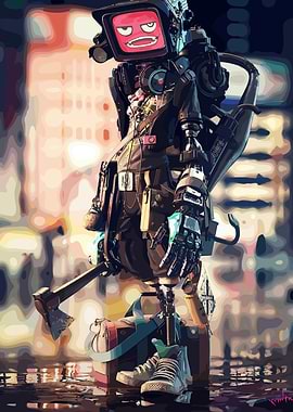 Cyberpunk Robot with TV Head