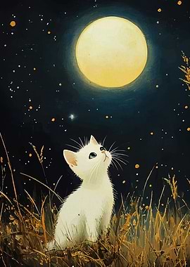 White Cat Gazing at the Moon
