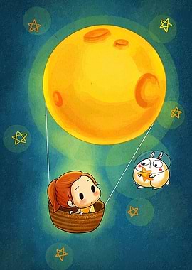 Girl and Rabbit Moon Balloon Ride