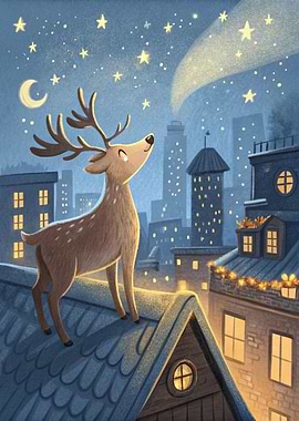 Reindeer on Rooftop Gazing at Stars