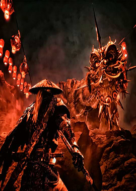 Samurai Warrior Confronts Dragon in Fiery Landscape