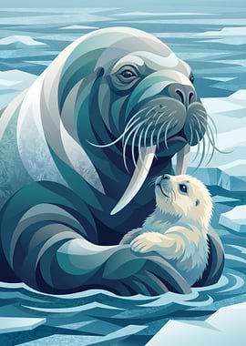 Walrus and Pup in Arctic Waters