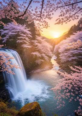 Cherry Blossom Waterfall Sunset