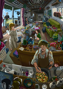 Messy Apartment Scene with Various Characters