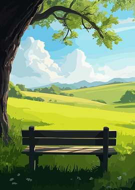 Wooden bench under a large oak tree Landscape