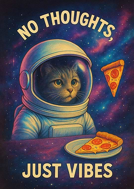 Cat Astronaut with Pizza in Space