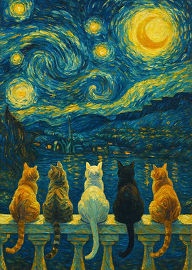 Cats gazing at Starry Night