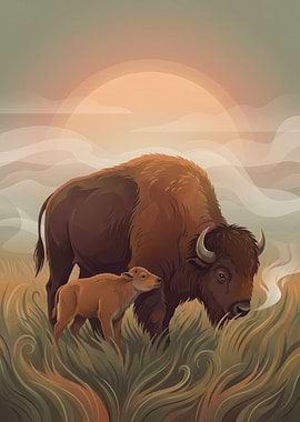 Bison Family in Grassy Field