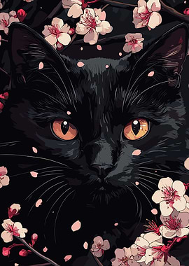 Black Cat with Cherry Blossoms