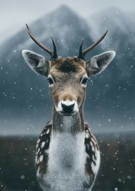 Deer portrait in snowy mountain landscape