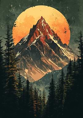 Mountain Peak and Forest Landscape Art