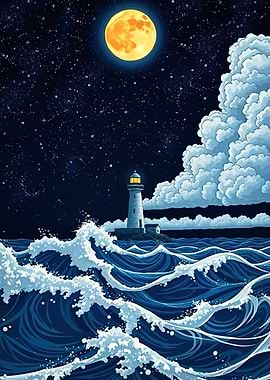 Lighthouse under the moonlit sky