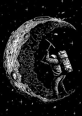 Moon Mining Astronaut Black and White