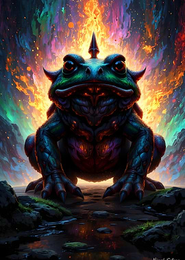 Mystical Horned Toad with Fiery Background
