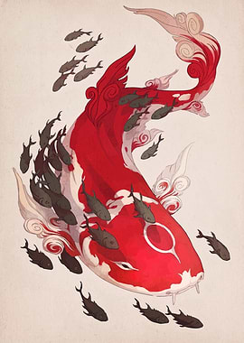 Red Koi Fish with Smaller Fish