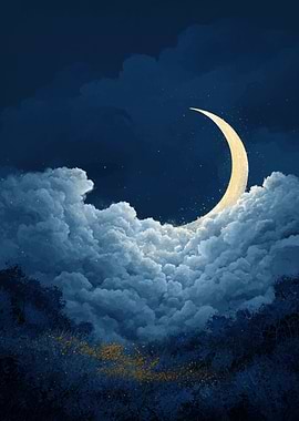 Crescent Moon in Cloudy Night Sky
