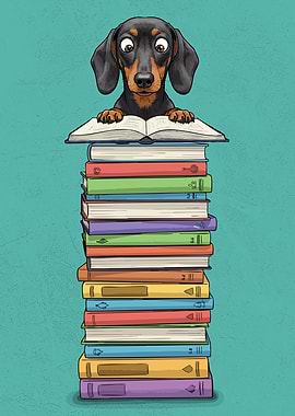 Dachshund Reading on Book Stack