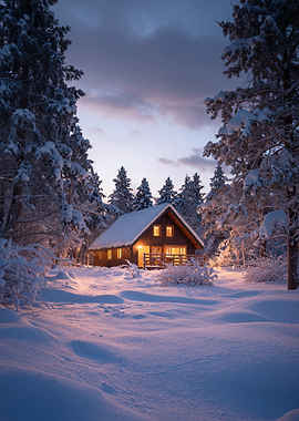 Winter Cabin in Snowy Forest