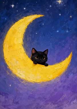 Black Cat on the Moon Painting