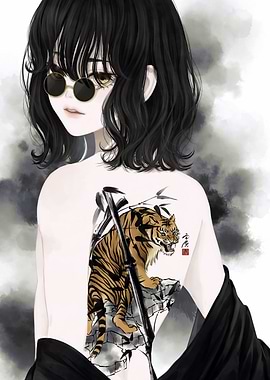 Anime Girl with Tiger Tattoo