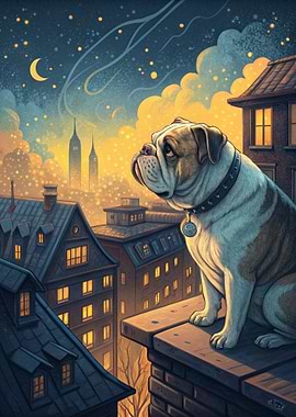 Bulldog on Rooftop at Night