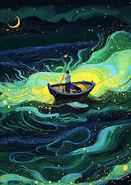 Man in Boat Under Crescent Moon