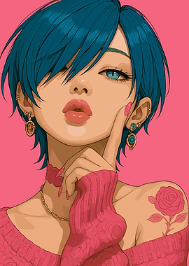 Stylish Girl with Blue Hair Portrait