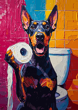 Doberman with Toilet Paper Painting
