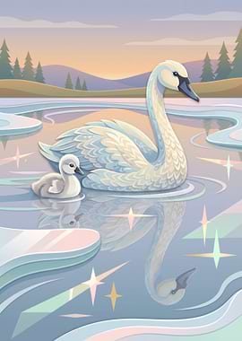 Swan and Cygnets in Pastel Lake