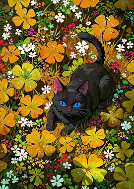 Black cat in a flower field