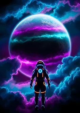 Astronaut and Planet in Neon Clouds