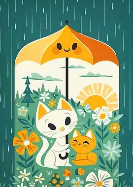 Cats under Umbrella in the Rain