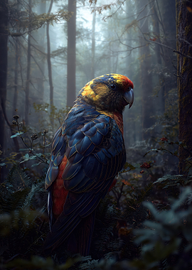 Colorful Parrot in Misty Forest