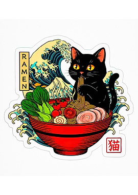 Cat Eating Ramen with Great Wave