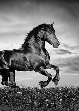 Black Horse Galloping in Grayscale